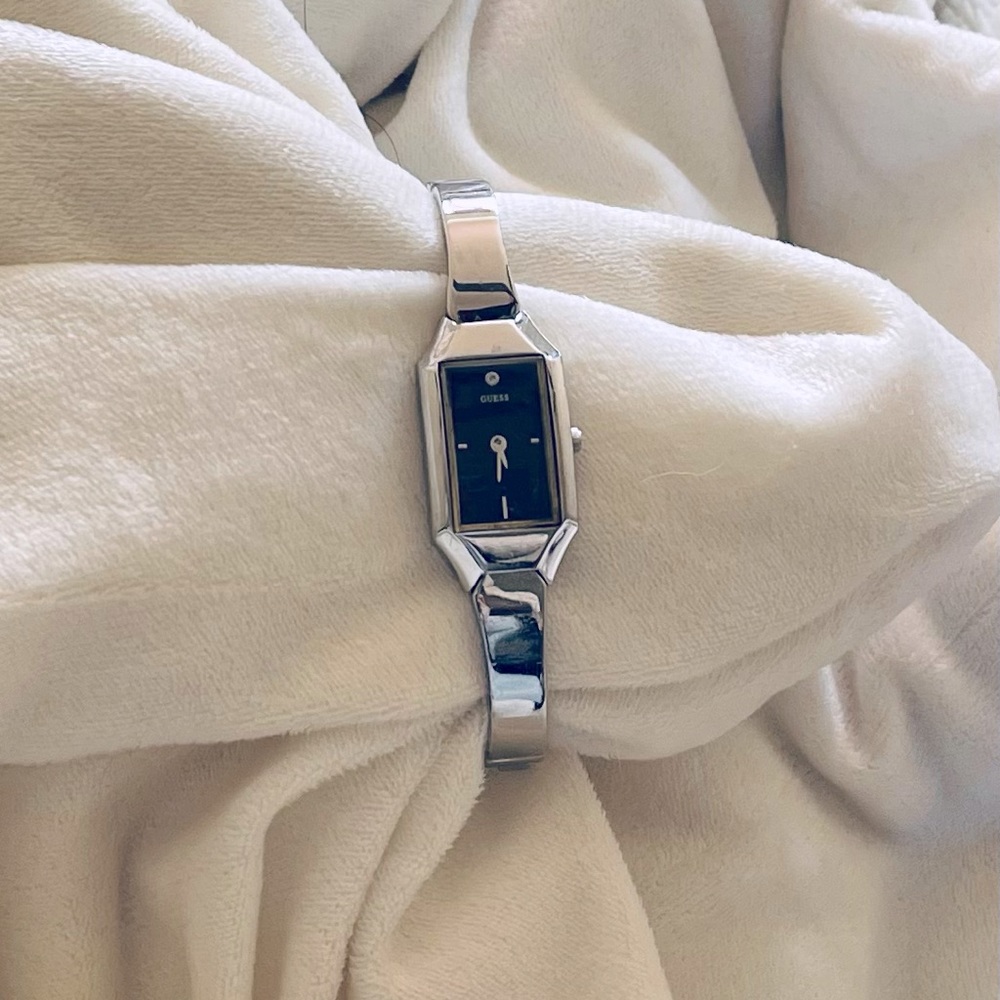 Guess Women’s Watch Stainless Silver Black Rectangle Gem